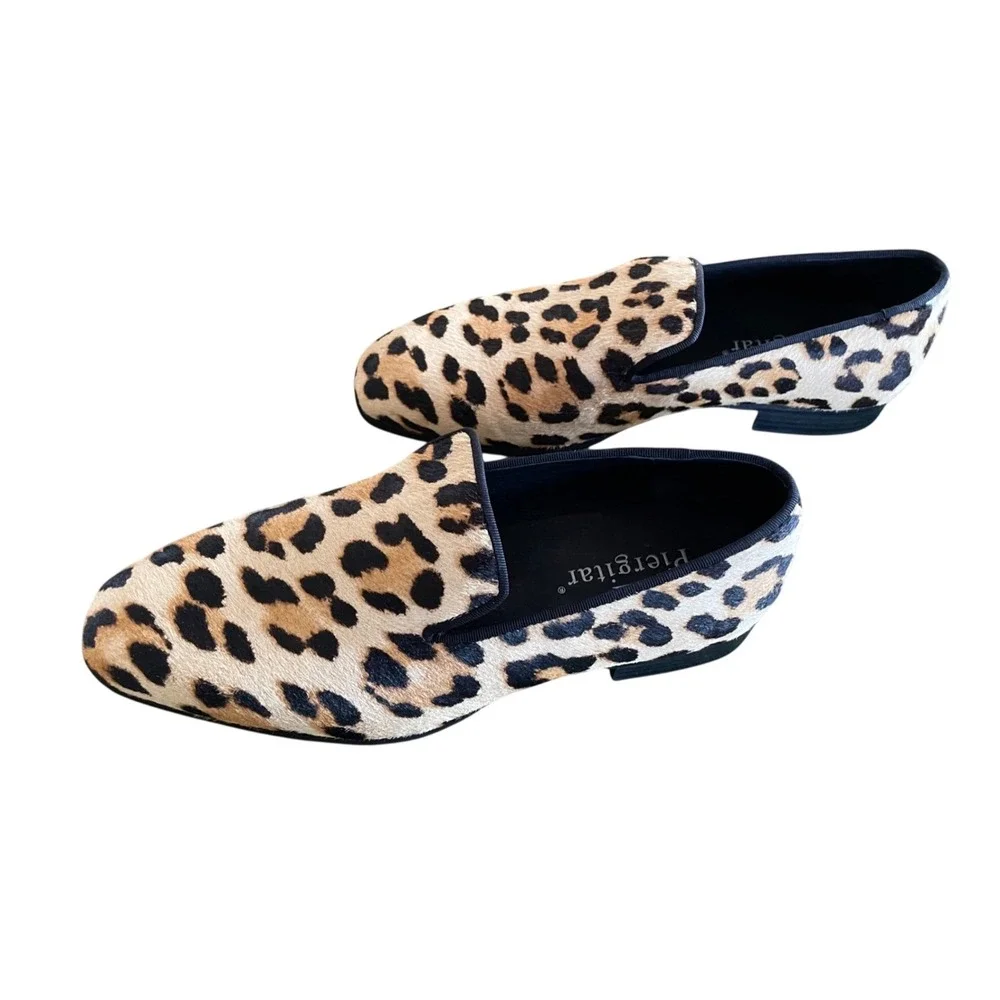 Piergitar Men's Leopard Print Pony Hair Loafers Smoking Slippers Size 7 Red Sole